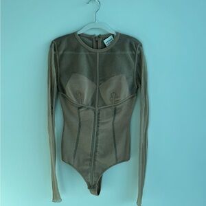 Herve Leger Beige Mesh Zip-Back Bodysuit